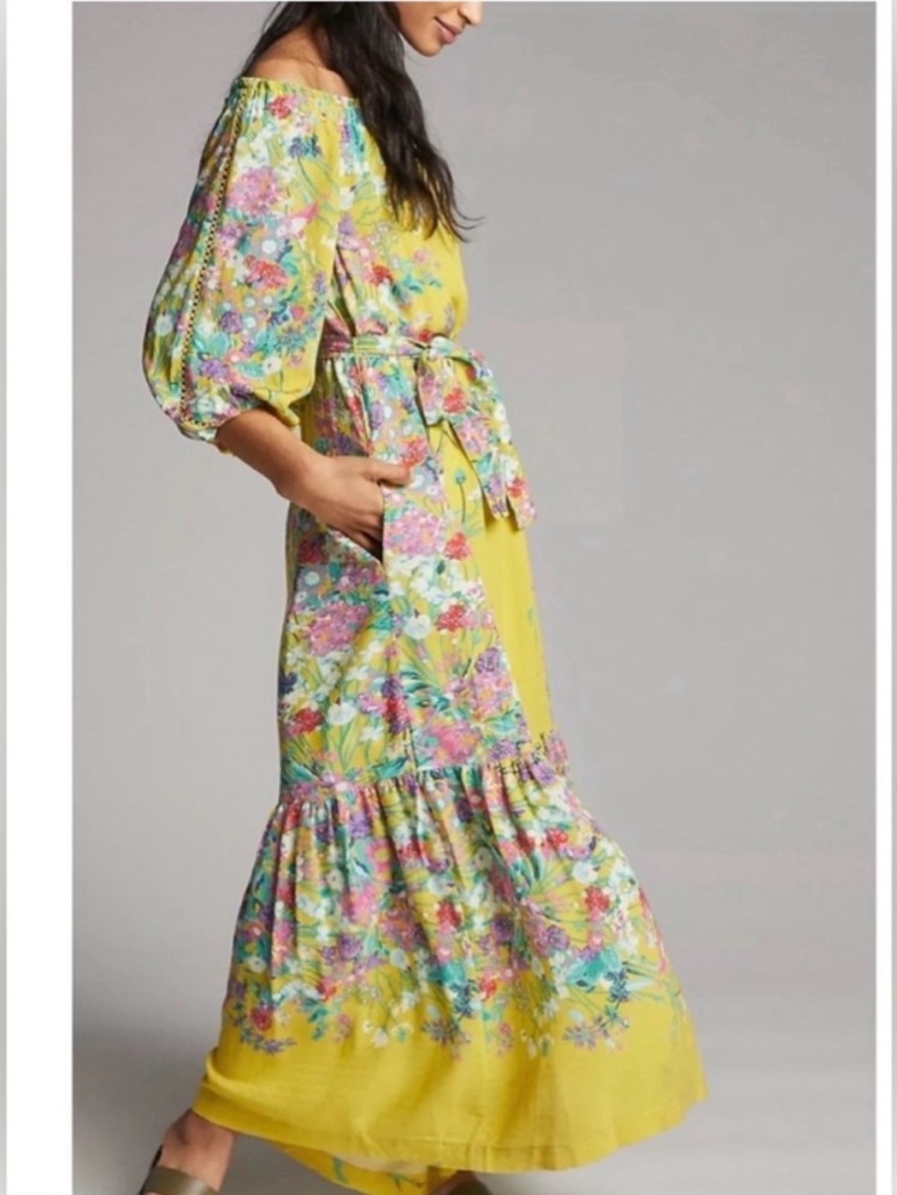 Anthropologie Yellow Floral Off-Shoulder Tie-Waist Maxi Dress - Picture 4 of 4